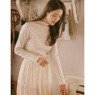 Mock-neck Floral Print Ribbed Top