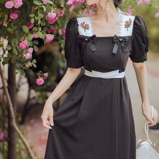 Short-sleeve Floral Embroidered Bow Midi A-line Dress