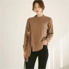 Tie-front Slit-trim Sweater Brown - One Size