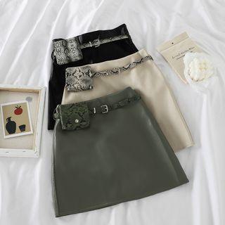 High-waist Plain A-line Skirt + Belt Bag