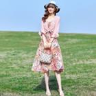 Set: Spaghetti Strap Printed A-line Dress + Flared-cuff Jacket