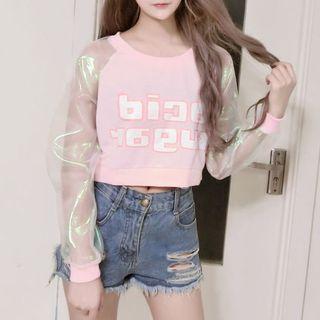 Cropped Mesh Sleeve Lettering Pullover