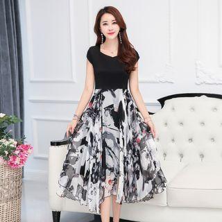 Short-sleeve Printed Silk Panel A-line Midi Dress