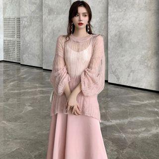 Pointelle Lantern-sleeve Oversize Knit Top / Midi A-line Skirt