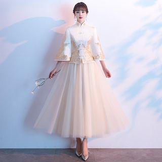 Set: Floral Embroidered Cheongsam Top + Midi A-line Mesh Skirt