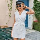 Sleeveless Notch Lapel Mini A-line Dress With Sash