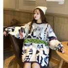 Cat Print Oversize Sweater White - One Size