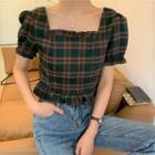 Plaid Ruffled Short-sleeve Cropped Blouse Plaid - Red & Dark Green - One Size