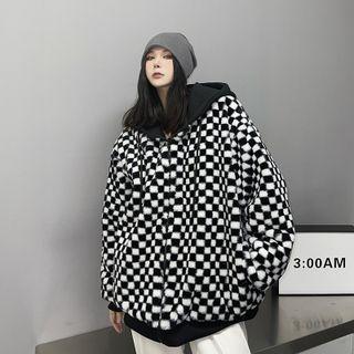 Checkerboard Fluffy Hooded Zip Jacket