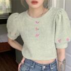 Puff-sleeve Embroidered Knit Crop Top Light Green - One Size
