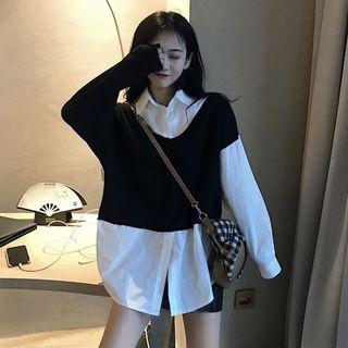 Mock-two-piece Long-sleeve Shirt Dress Black - One Size