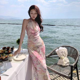 Halter Print Maxi Bodycon Dress
