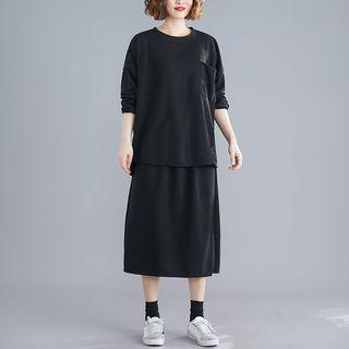 Set: Pocketed Pullover + Midi Skirt Black - One Size