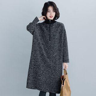 Half Zip Striped Pullover Dress Stripes - Black & Gray - One Size