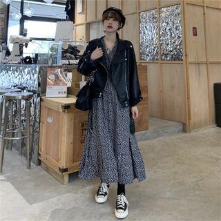 Floral Print A-line Midi Dress / Biker Jacket