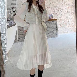 Set: Chiffon Long-sleeve A-line Dress + V-neck Vest Set Of 2 - One Size
