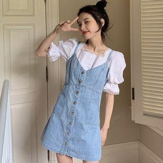 Puff-sleeve Top / Spaghetti Strap Denim Dress