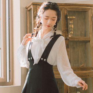 Long-sleeve Tie-neck Blouse / Midi A-line Suspender Skirt