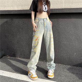 Splash Print Wide-leg Denim Straight Cut Pants