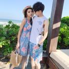 Couple Matching Floral Print Shorts / Strappy Midi Dress / Short-sleeve T-shirt