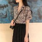 Short-sleeve Zebra Print Shirt / Midi A-line Pleated Skirt