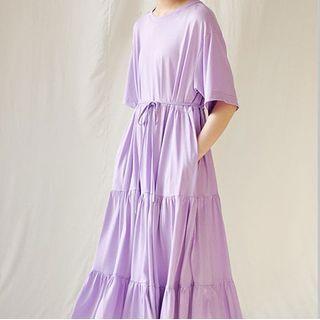 Short-sleeve Tie-waist Tiered Midi A-line Dress Purple - One Size