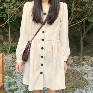 Long-sleeve Corduroy V-neck Shirtdress