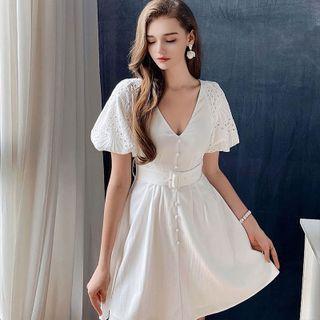 Short-sleeve Eyelet Panel Mini Dress
