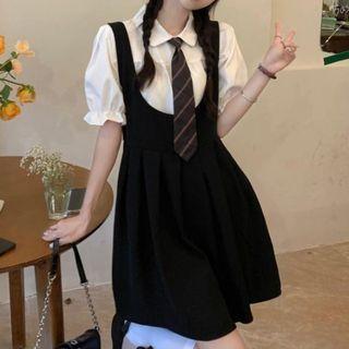 Puff-sleeve Plain Shirt / Mini Overall Dress / Plaid Tie / Set
