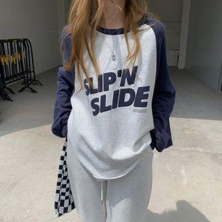 Round-neck Lettering Long-sleeve Sweatshirt Gray & Blue - One Size