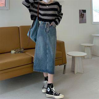 High-waist Lace-up Denim Midi Skirt