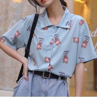 Bear Patterned Short-sleeve Button-down Shirt Light Blue Green - One Size