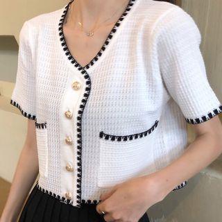 Contrast Trim Short-sleeve Cropped Blouse