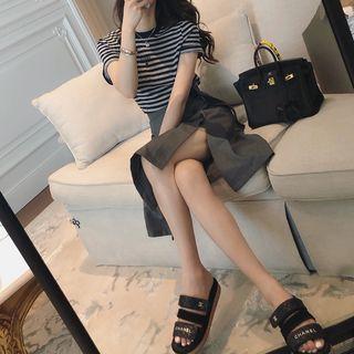 Set: Lettering Striped Short-sleeve T-shirt + Buttoned Split A-line Skirt