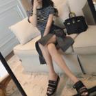 Set: Lettering Striped Short-sleeve T-shirt + Buttoned Split A-line Skirt