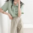Plain Pleated Button-up Oversize Blouse Green - One Size