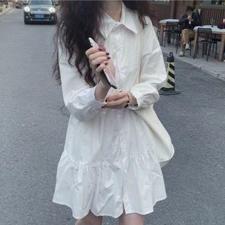 Long-sleeve Polo Collar Plain A-line Shirt Dress