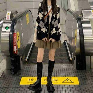 Set: Argyle Cardigan + Pleated Mini A-line Skirt