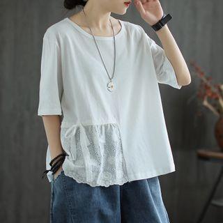 Eyelet Panel Elbow-sleeve T-shirt