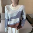 Color Block Sweater Milky White & Blue & Brown - One Size