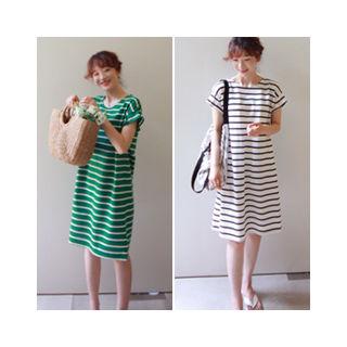 Pleated-sleeve Stripe T-shirt Dress