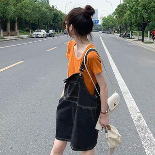 High-waist Washed Denim Straight-cut Shorts Dark Blue - One Size