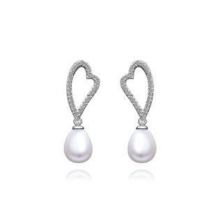 Elegant Heart-shaped Earrings With Austrian Element Crystals And Fashion Pearl Silver - One Size
