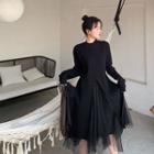 Plain Long-sleeve Loose-fit Knit Dress / Mesh Skirt