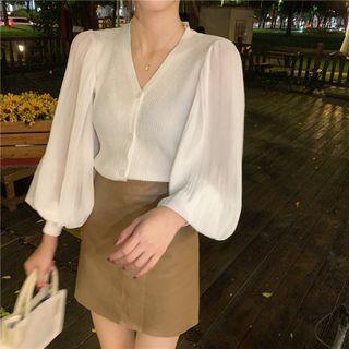 V-neck Chiffon Panel Knit Top / High-waist Sheath Skirt
