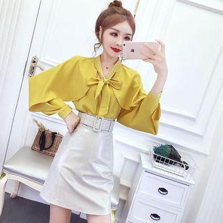 Ribbon-neckline Slit Blouse / High-waist Faux Leather Skirt
