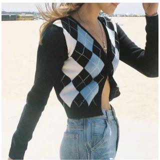 Argyle Print Cropped Cardigan Argyle - Navy Blue - One Size