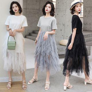 Short-sleeve Ruffled Mesh Panel A-line Dress