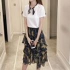 Set: Plain Short Sleeve T-shirt + Floral Print Midi Chiffon Skirt