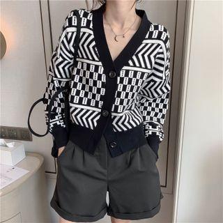 V-neck Patterned Cropped Cardigan Black - One Size